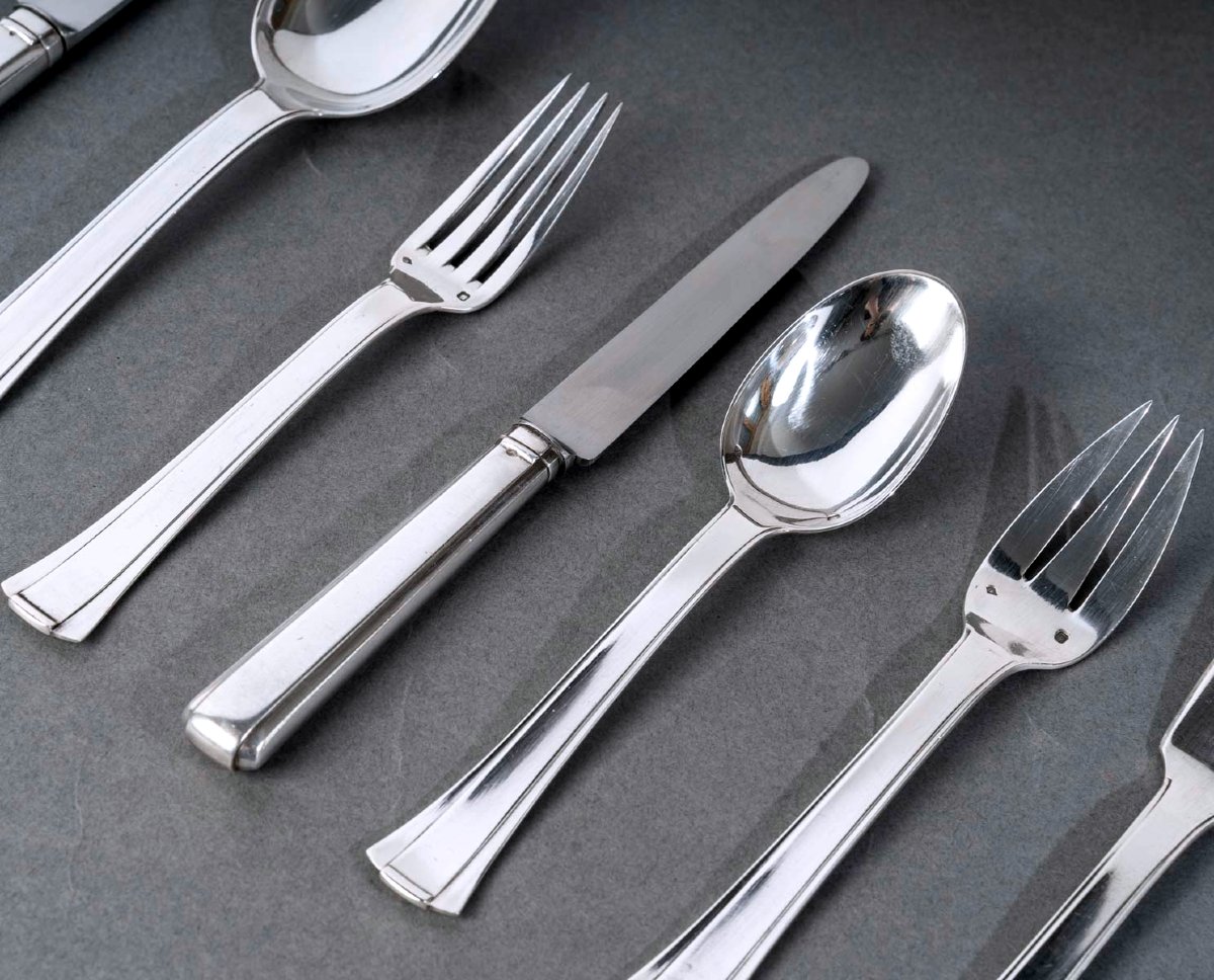 Jean E. Puiforcat - Art Deco Cutlery Flatware Set Dinard Papyrus Sterling Silver - 173 Pieces-photo-3