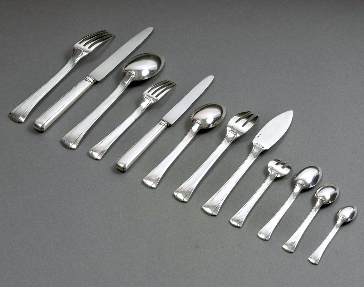 Jean E. Puiforcat - Art Deco Cutlery Flatware Set Dinard Papyrus Sterling Silver - 173 Pieces-photo-1
