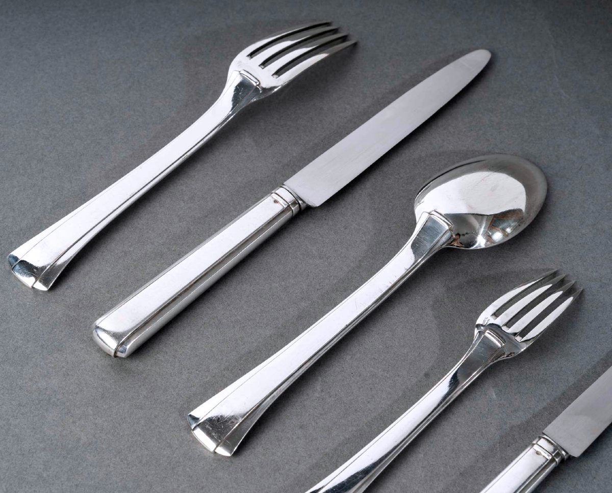 Jean E. Puiforcat - Art Deco Cutlery Flatware Set Dinard Papyrus Sterling Silver - 173 Pieces-photo-2