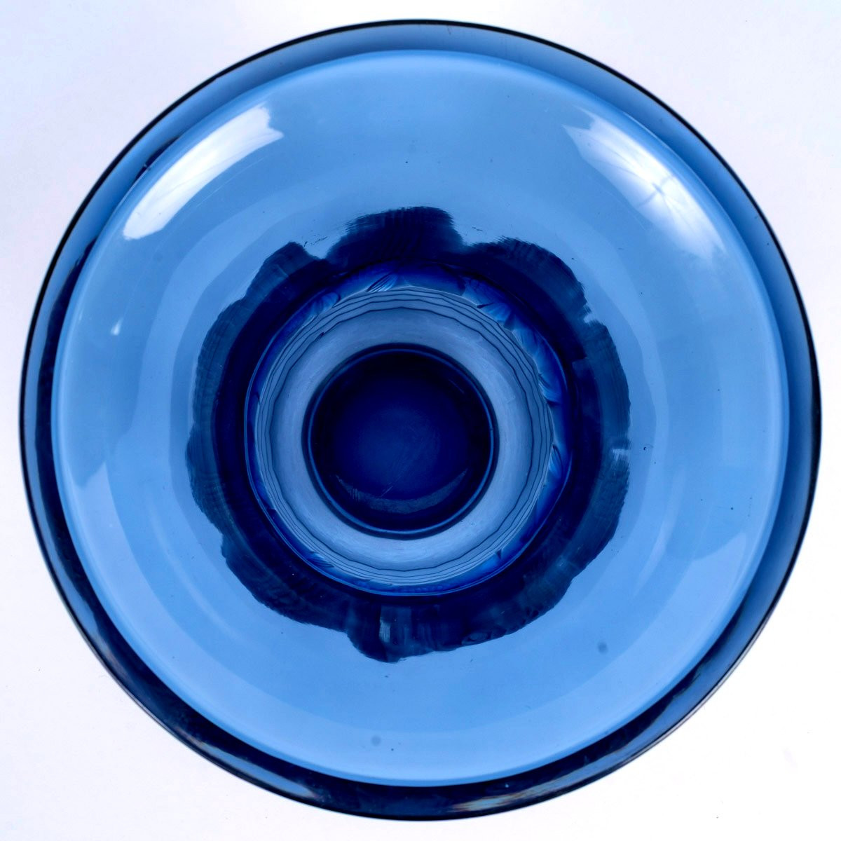 1930 René Lalique - Vase Piriac Verre Bleu Saphir Patiné Blanc-photo-3