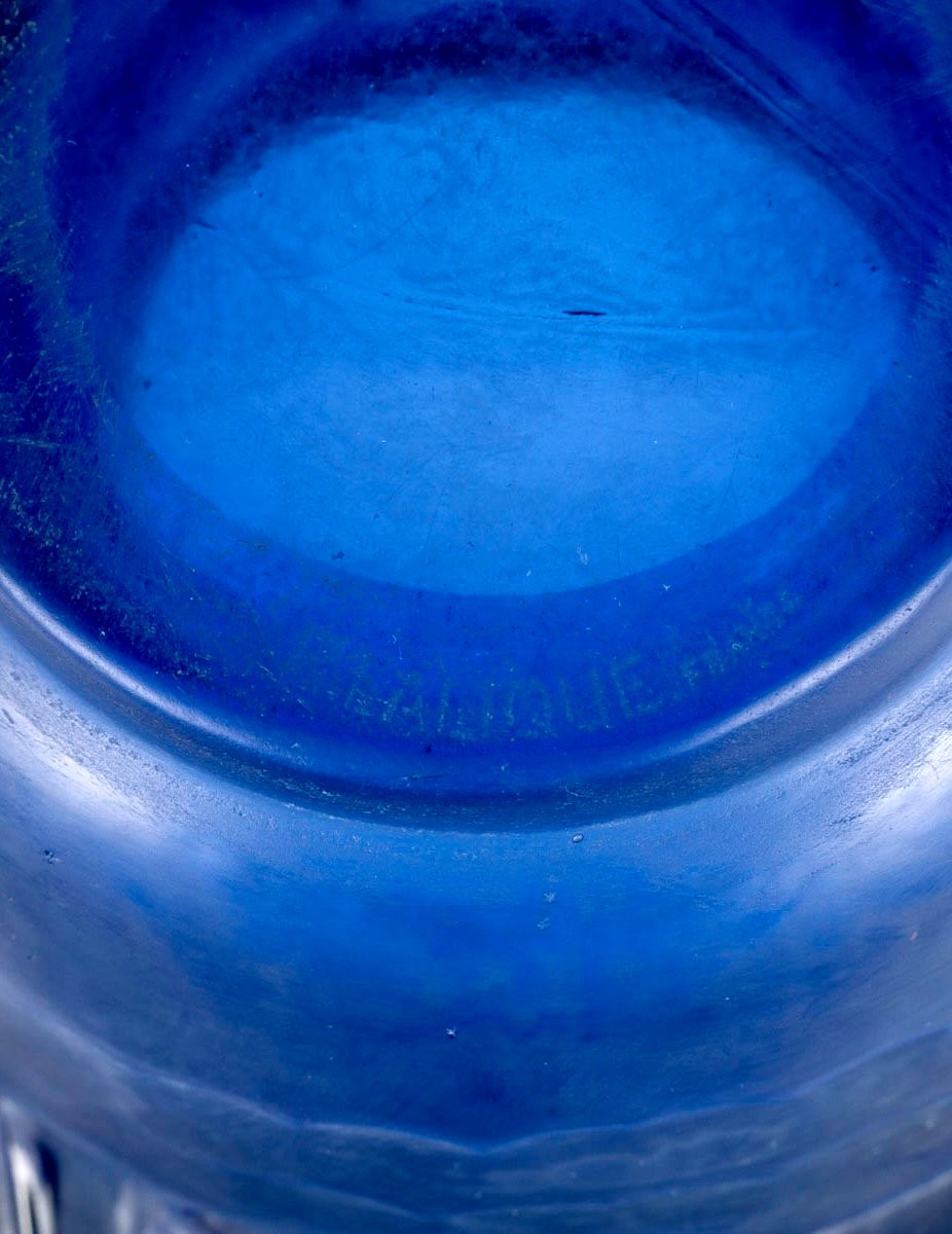 1930 René Lalique - Vase Piriac Verre Bleu Saphir Patiné Blanc-photo-2