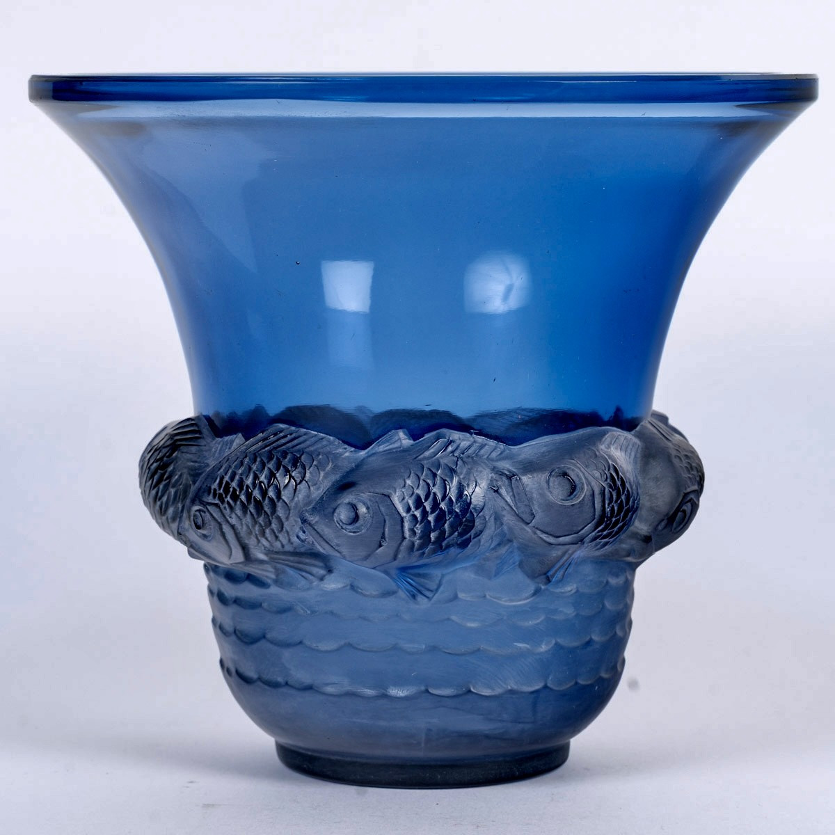1930 René Lalique - Vase Piriac Verre Bleu Saphir Patiné Blanc