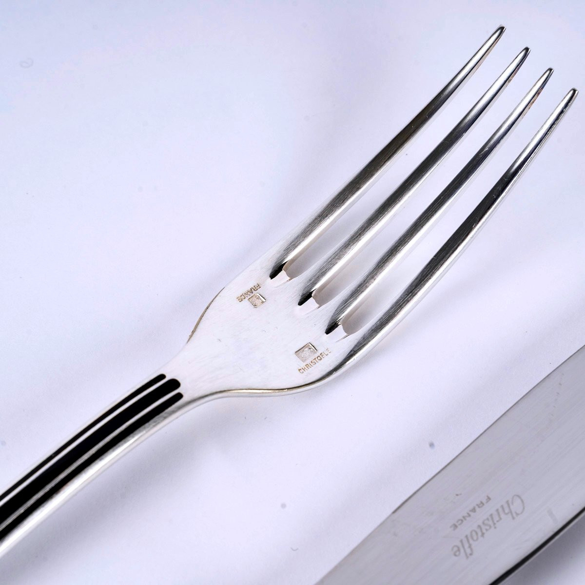 Christofle - Flatware Cutlery Set Talisman Silver Plated Black Chinese Lacquer - 60 Pieces-photo-2