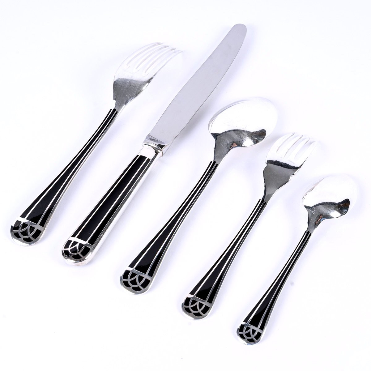 Christofle - Flatware Cutlery Set Talisman Silver Plated Black Chinese Lacquer - 60 Pieces-photo-4