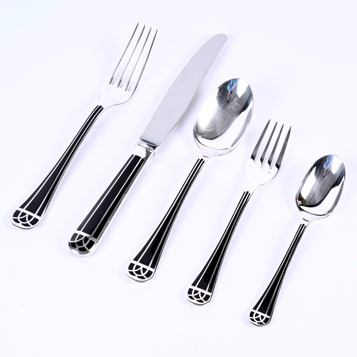 Christofle - Flatware Cutlery Set Talisman Silver Plated Black Chinese Lacquer - 60 Pieces