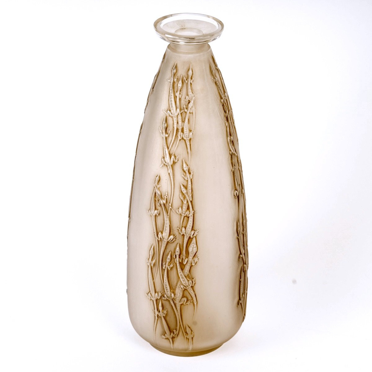 1912 René Lalique - Vase Four Groups Of Lizards Lézards Glass With Sepia Patina-photo-2