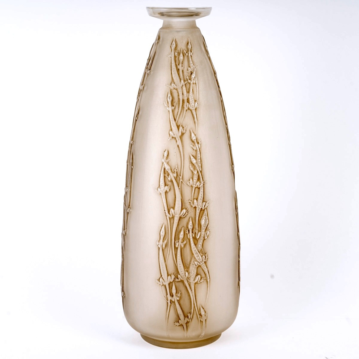 1912 René Lalique - Vase Four Groups Of Lizards Lézards Glass With Sepia Patina