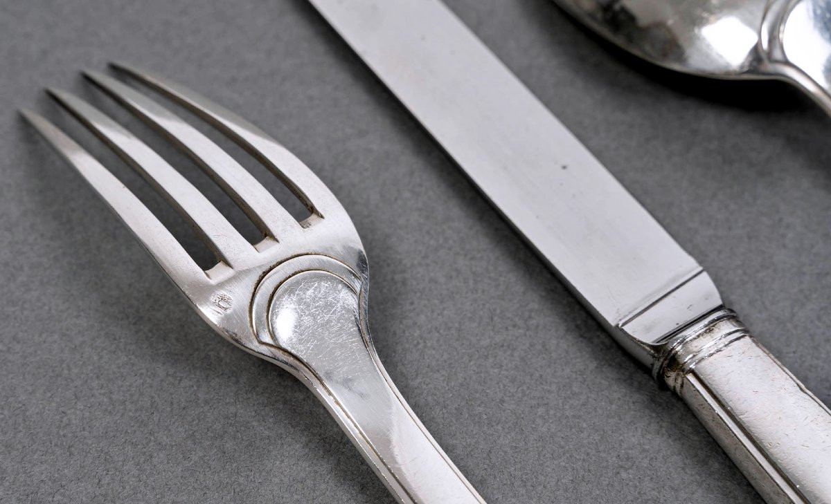 Jean E. Puiforcat - Ménagère Art Déco Menton Argent Massif - 48 Pièces-photo-3