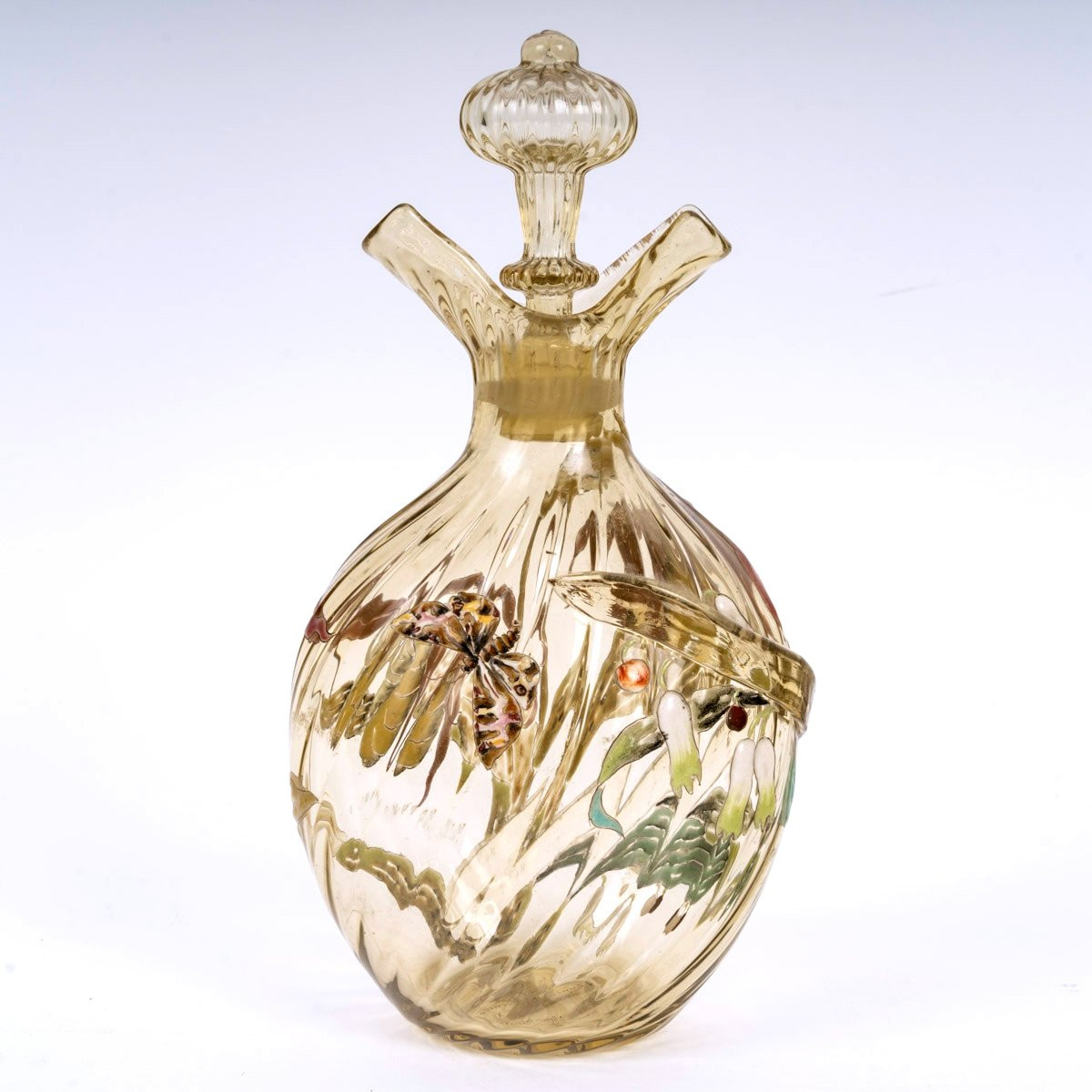 1890 Cristallerie Emile Gallé - Flacon Carafe Verre Jaune Emaillé Fleurs Papillon-photo-2
