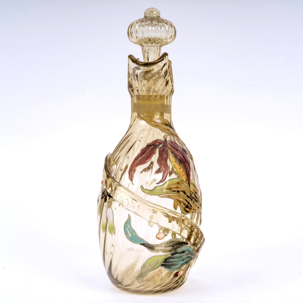 1890 Cristallerie Emile Gallé - Flacon Carafe Verre Jaune Emaillé Fleurs Papillon-photo-3