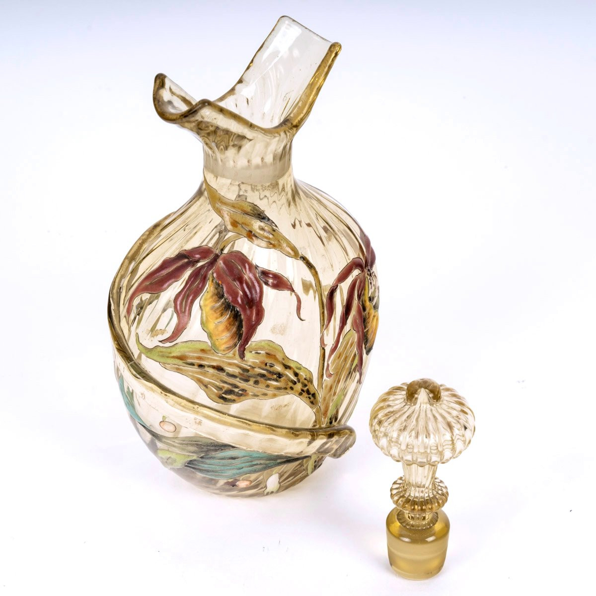 1890 Cristallerie Emile Gallé - Flacon Carafe Verre Jaune Emaillé Fleurs Papillon-photo-1