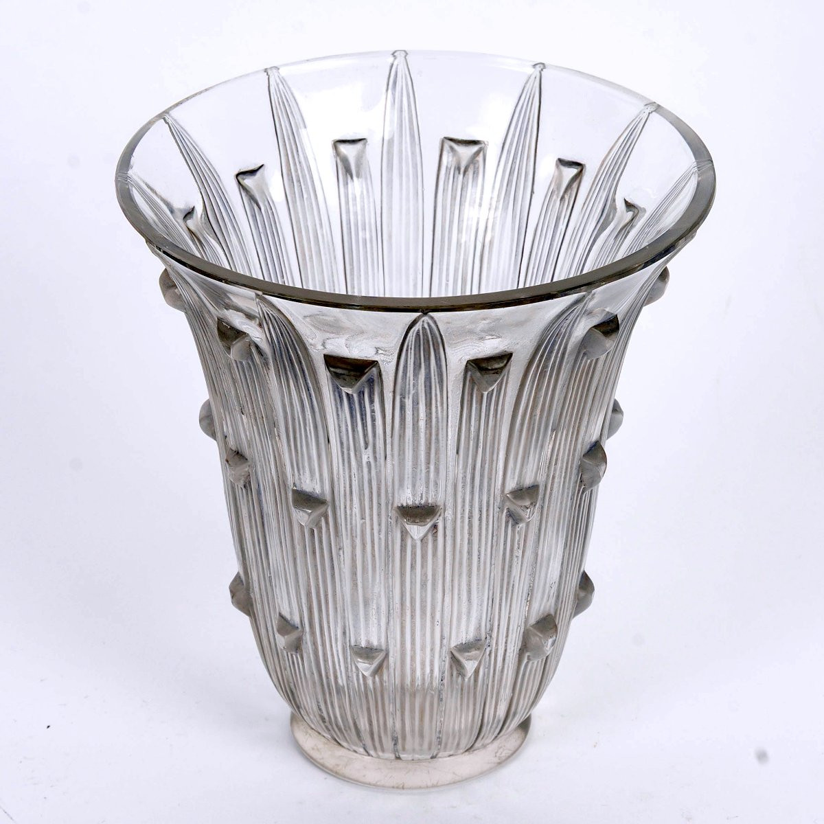 1926 René Lalique - Vase Bellis Verre Blanc Patiné Gris Bleu-photo-2