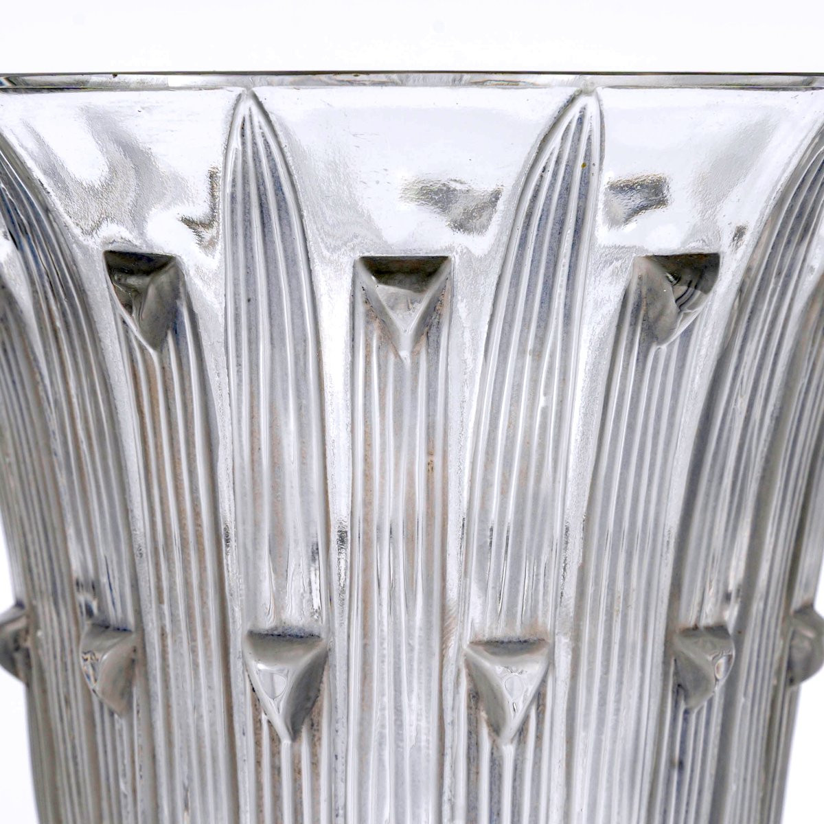 1926 René Lalique - Vase Bellis Verre Blanc Patiné Gris Bleu-photo-3