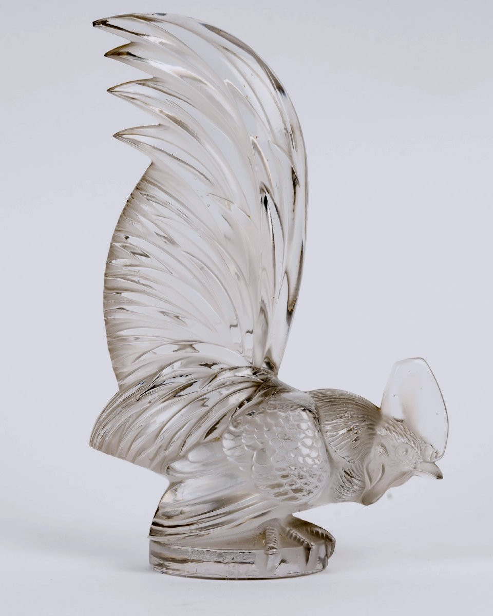 1928 René Lalique - Mascotte Automobile Coq Nain Verre Blanc -photo-3