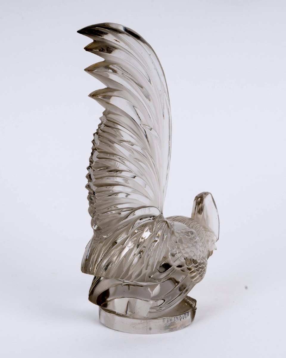 1928 René Lalique - Mascotte Automobile Coq Nain Verre Blanc -photo-4