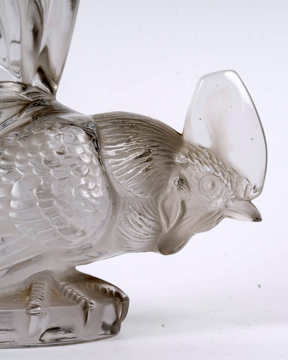 1928 René Lalique - Mascotte Automobile Coq Nain Verre Blanc -photo-2