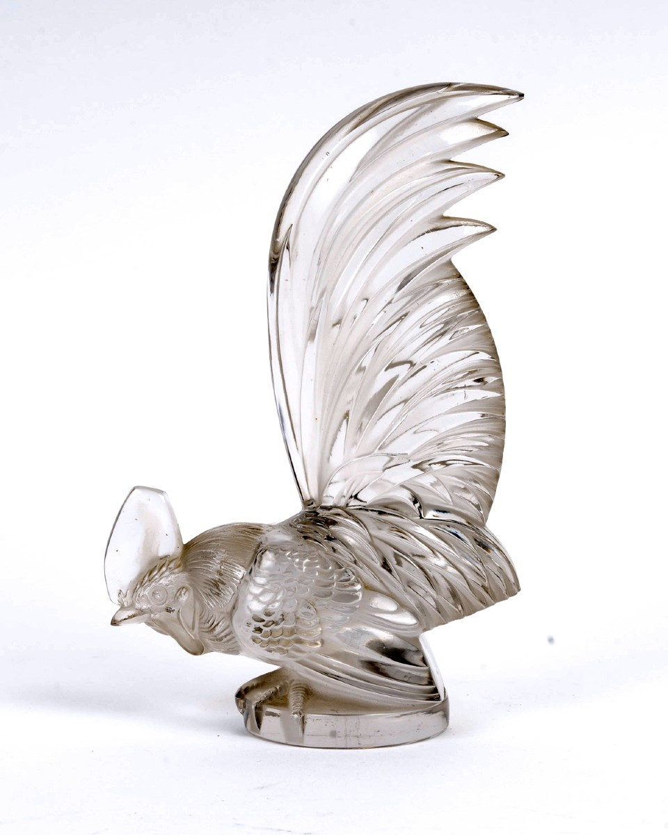 1928 René Lalique - Mascotte Automobile Coq Nain Verre Blanc 