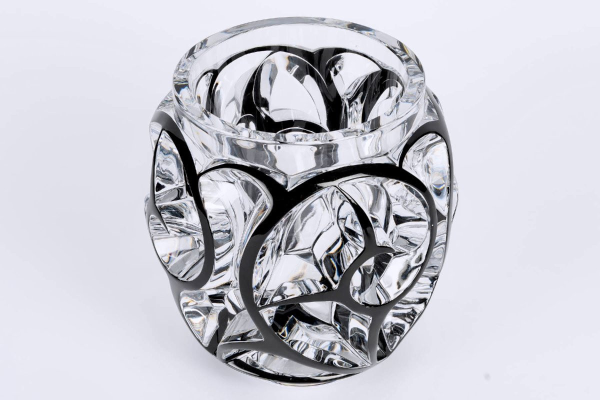 Lalique France - Vase Tourbillons Crystal With Black Enamel-photo-3