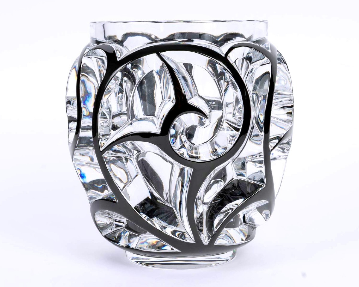 Lalique France - Vase Tourbillons Crystal With Black Enamel