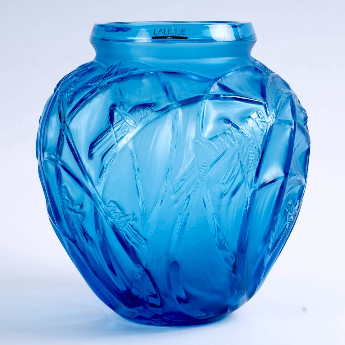 Lalique France - Vase Sauterelles Cristal Bleu Electrique - NEUF