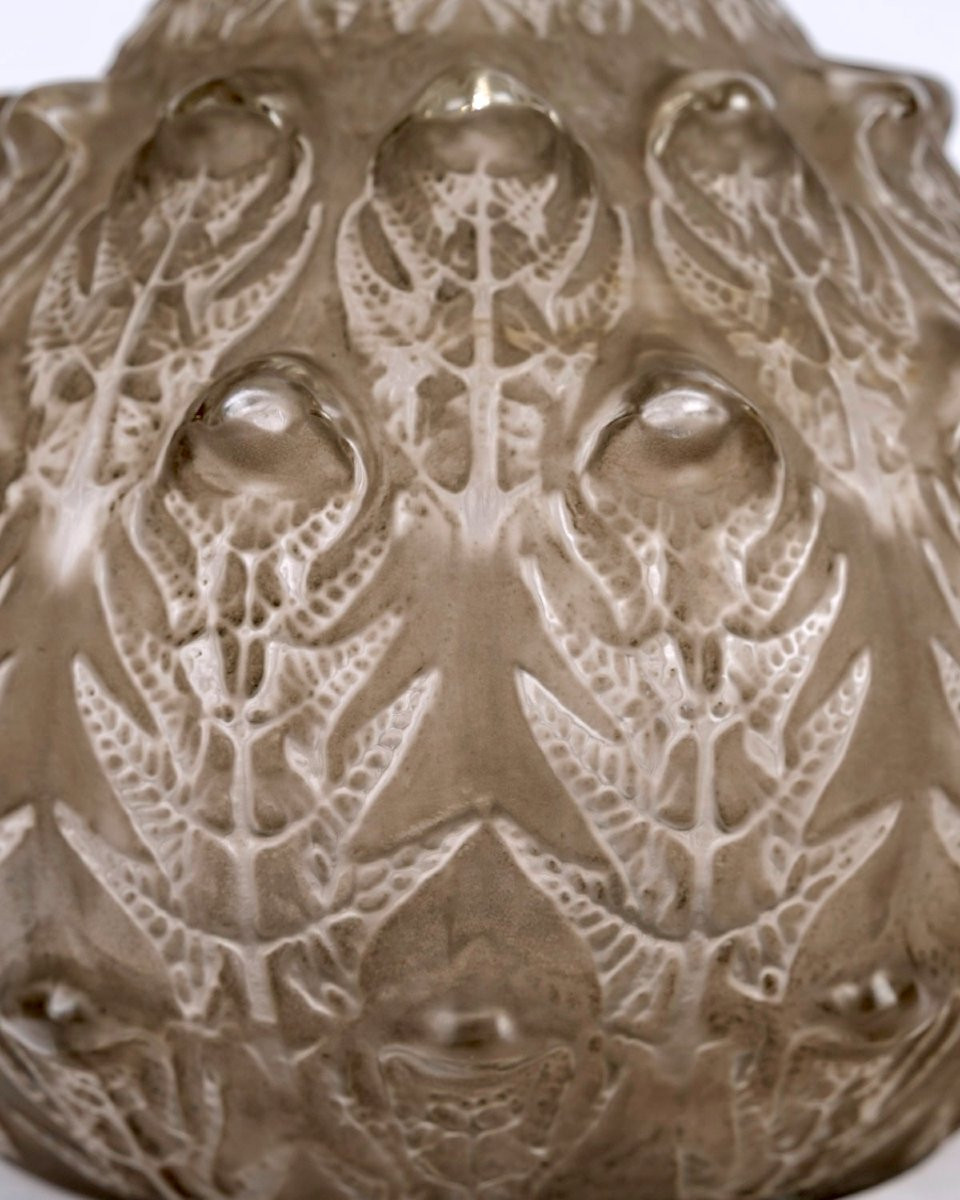 1912 René Lalique - Vase Fougères Verre Blanc Patiné Gris-photo-3