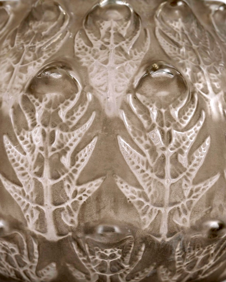 1912 René Lalique - Vase Fougères Verre Blanc Patiné Gris-photo-3