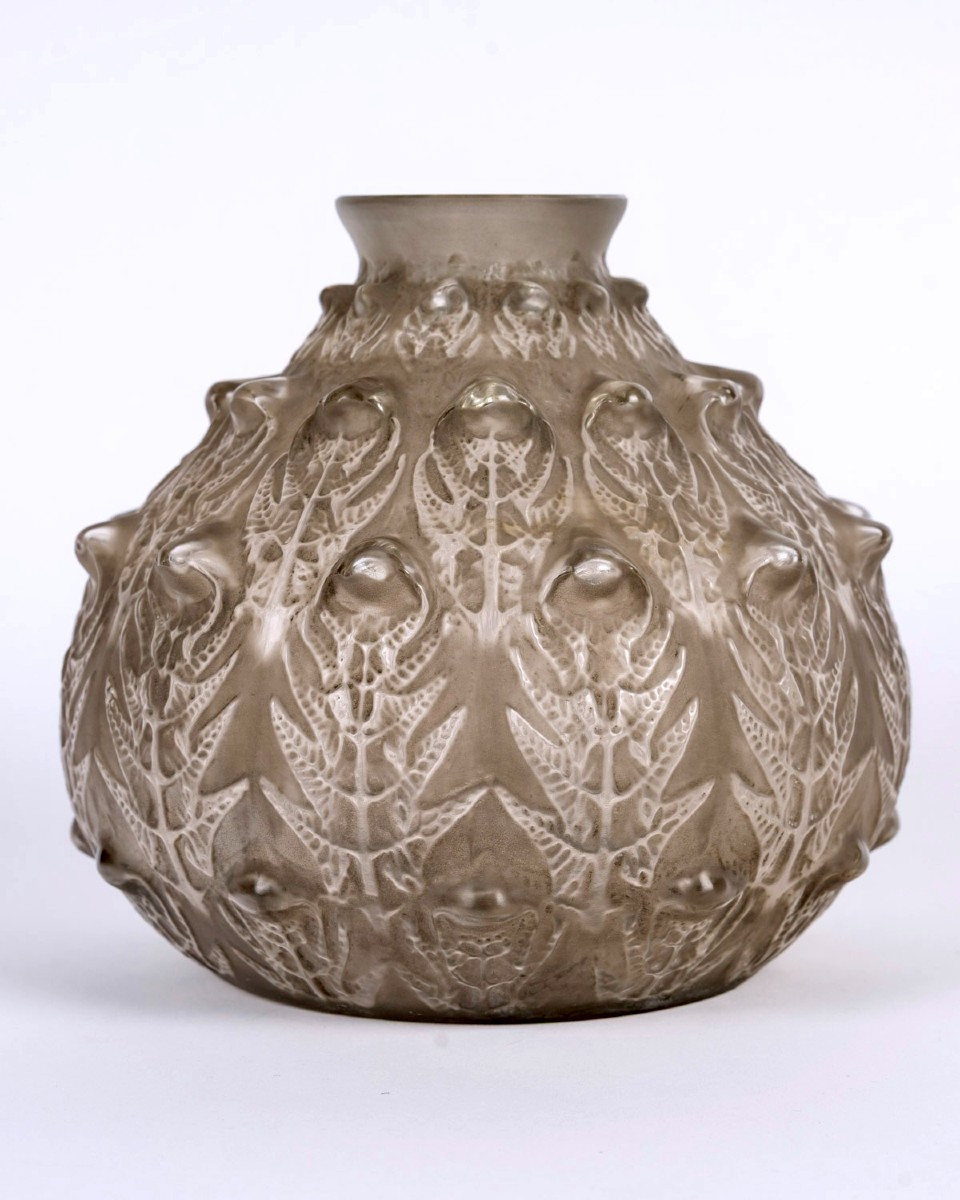 1912 René Lalique - Vase Fougères Verre Blanc Patiné Gris