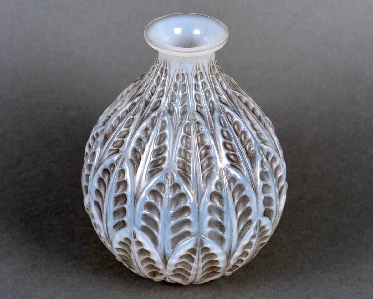 1927 René Lalique - Vase Malesherbes Verre Opalescent Patiné Gris-photo-2