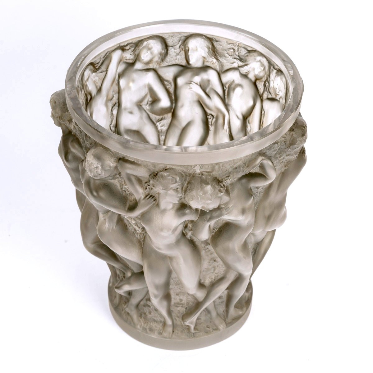 1927 René Lalique - Vase Bacchantes Verre Blanc Patiné Gris-photo-1