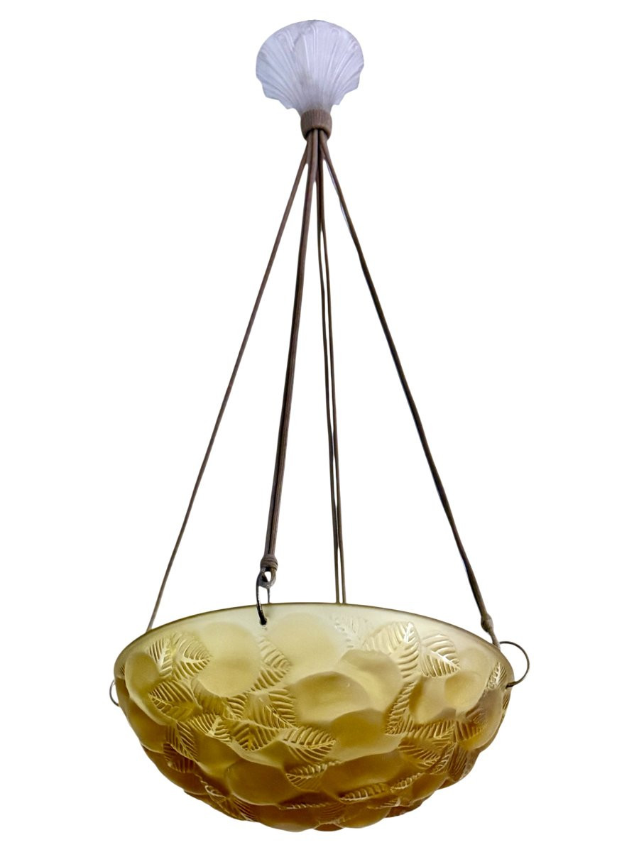 1929 René Lalique - Suspension Plafonnier Lustre Lausanne Verre Jaune Ambré-photo-3