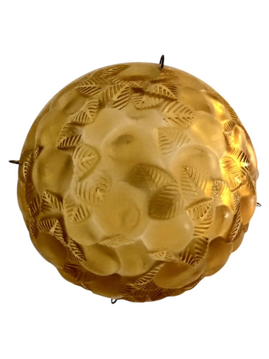 1929 René Lalique - Suspension Plafonnier Lustre Lausanne Verre Jaune Ambré-photo-4