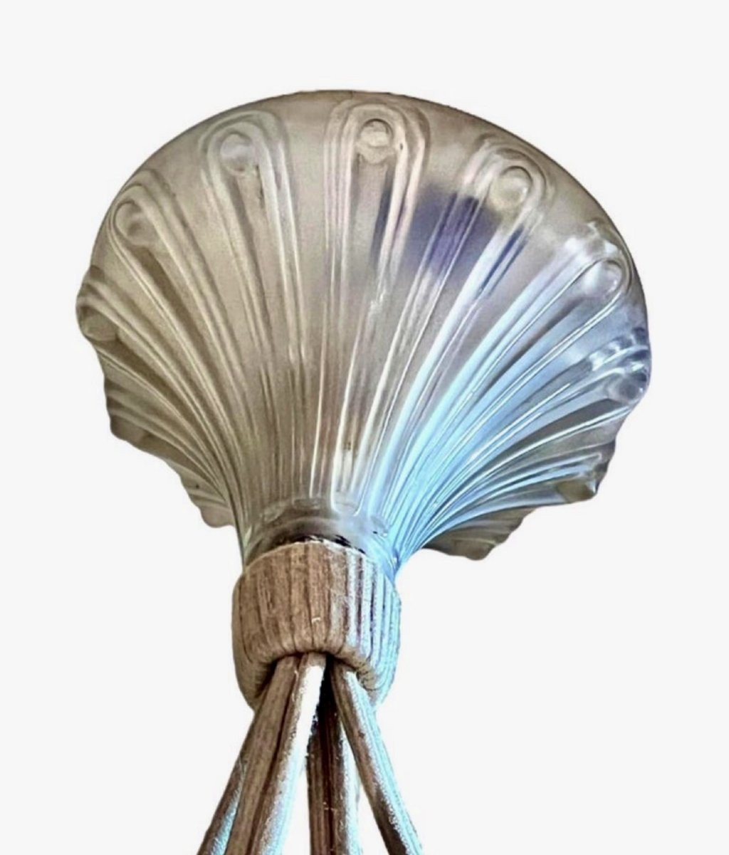 1929 René Lalique - Suspension Plafonnier Lustre Lausanne Verre Jaune Ambré-photo-1