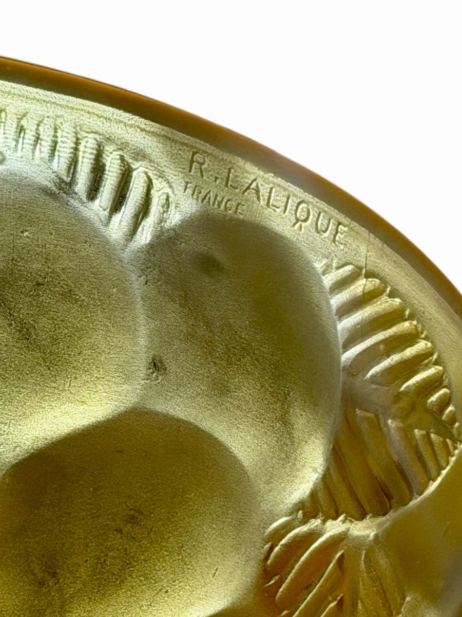 1929 René Lalique - Suspension Plafonnier Lustre Lausanne Verre Jaune Ambré-photo-2