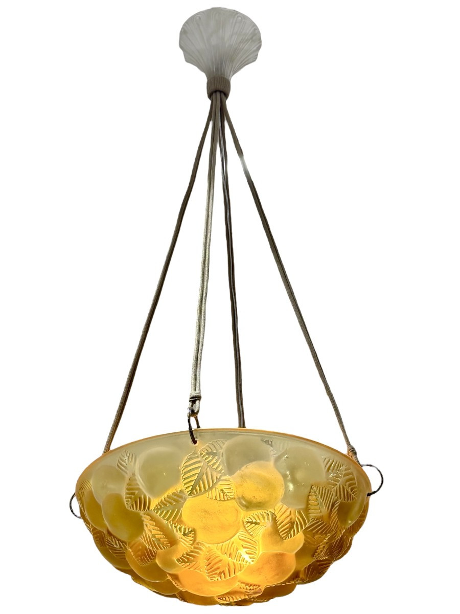 1929 René Lalique - Suspension Plafonnier Lustre Lausanne Verre Jaune Ambré