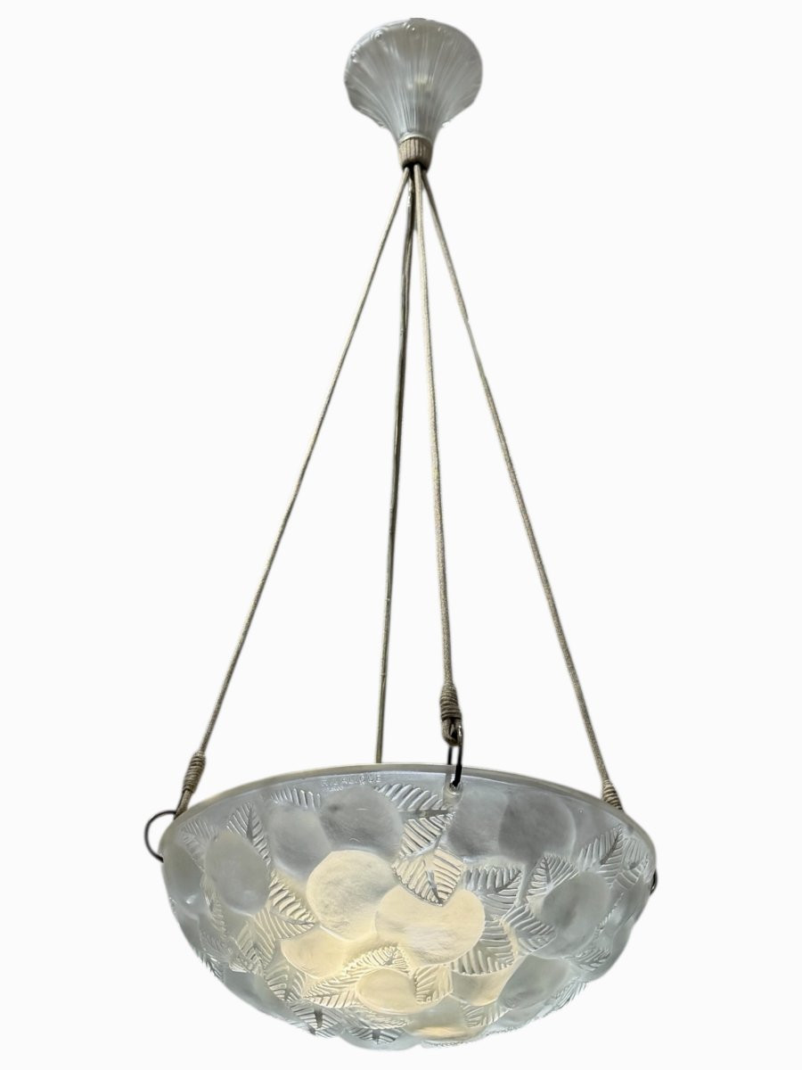 1929 René Lalique - Suspension Plafonnier Lustre Lausanne Verre Blanc-photo-4