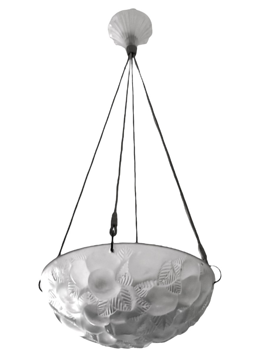 1929 René Lalique - Suspension Plafonnier Lustre Lausanne Verre Blanc