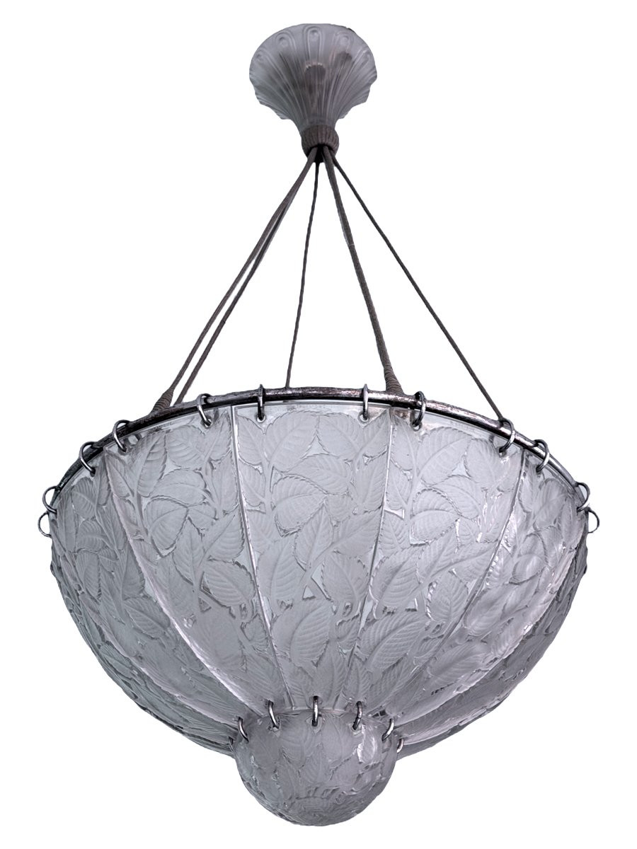 1921 René Lalique - Lustre Suspension Feuilles de Charme Verre Blanc-photo-2