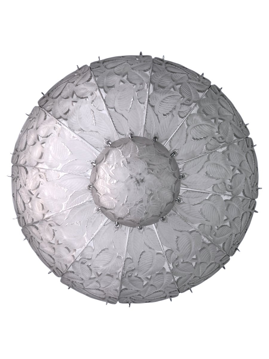 1921 René Lalique - Lustre Suspension Feuilles de Charme Verre Blanc-photo-3