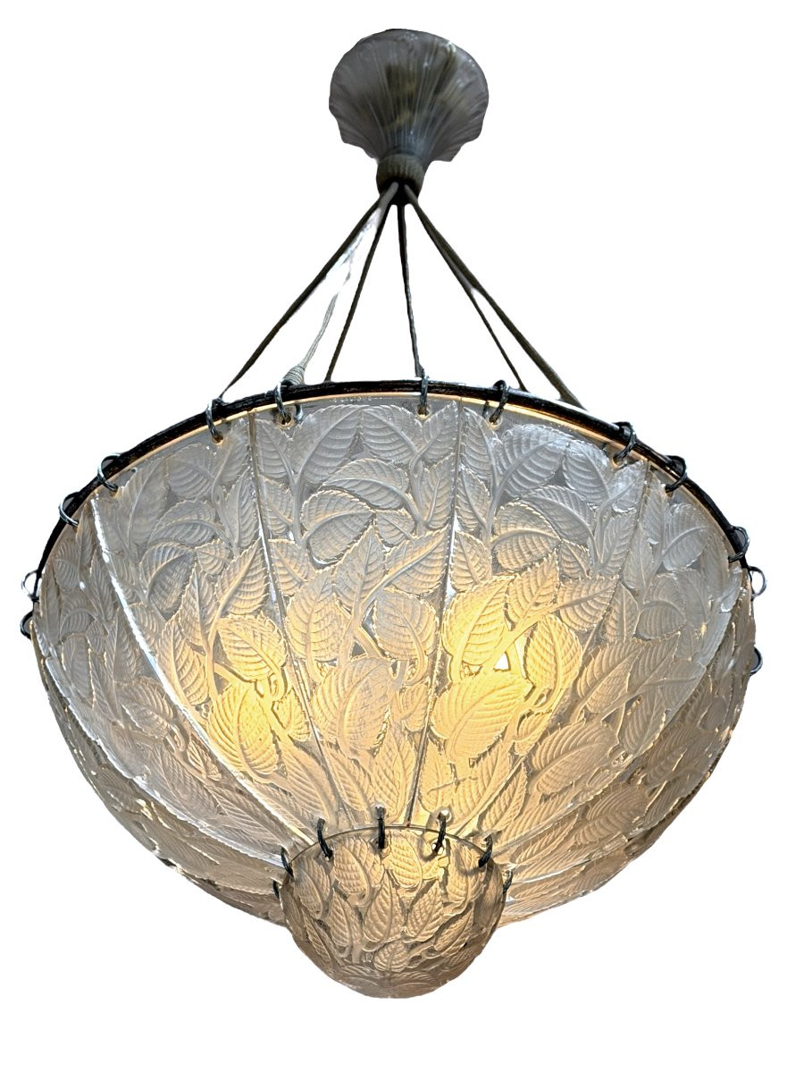 1921 René Lalique - Lustre Suspension Feuilles de Charme Verre Blanc-photo-4