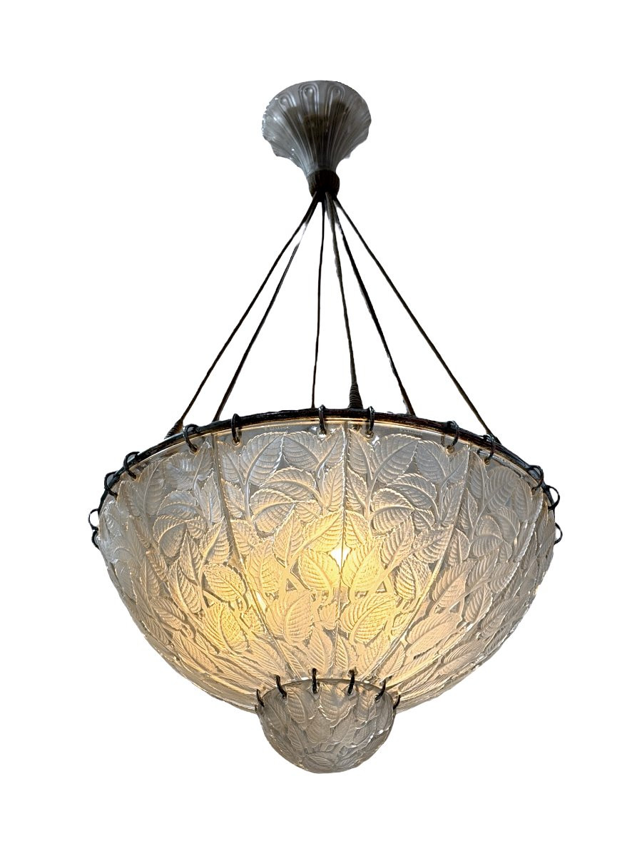 1921 René Lalique - Lustre Suspension Feuilles de Charme Verre Blanc-photo-1