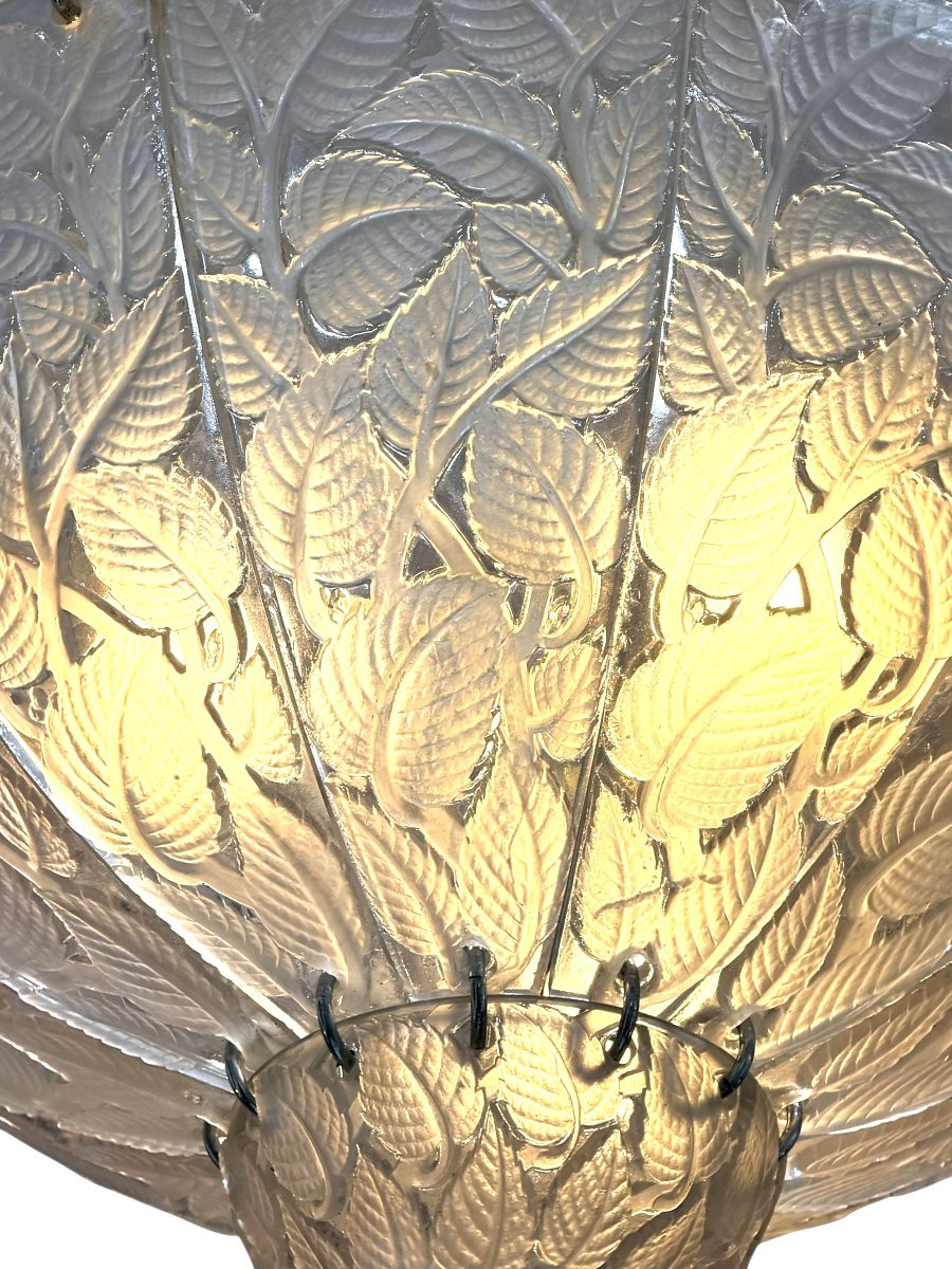1921 René Lalique - Lustre Suspension Feuilles de Charme Verre Blanc-photo-2