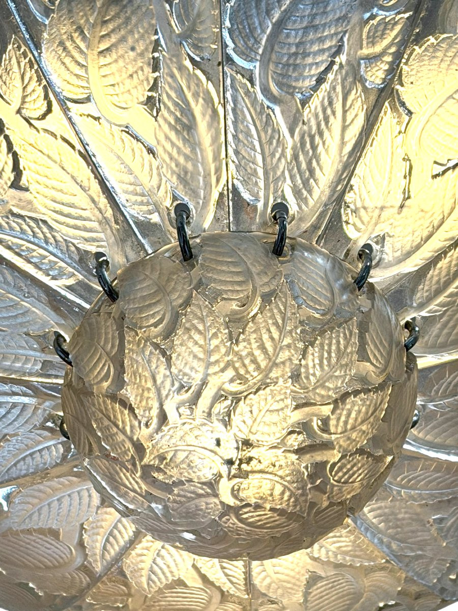 1921 René Lalique - Lustre Suspension Feuilles de Charme Verre Blanc-photo-3