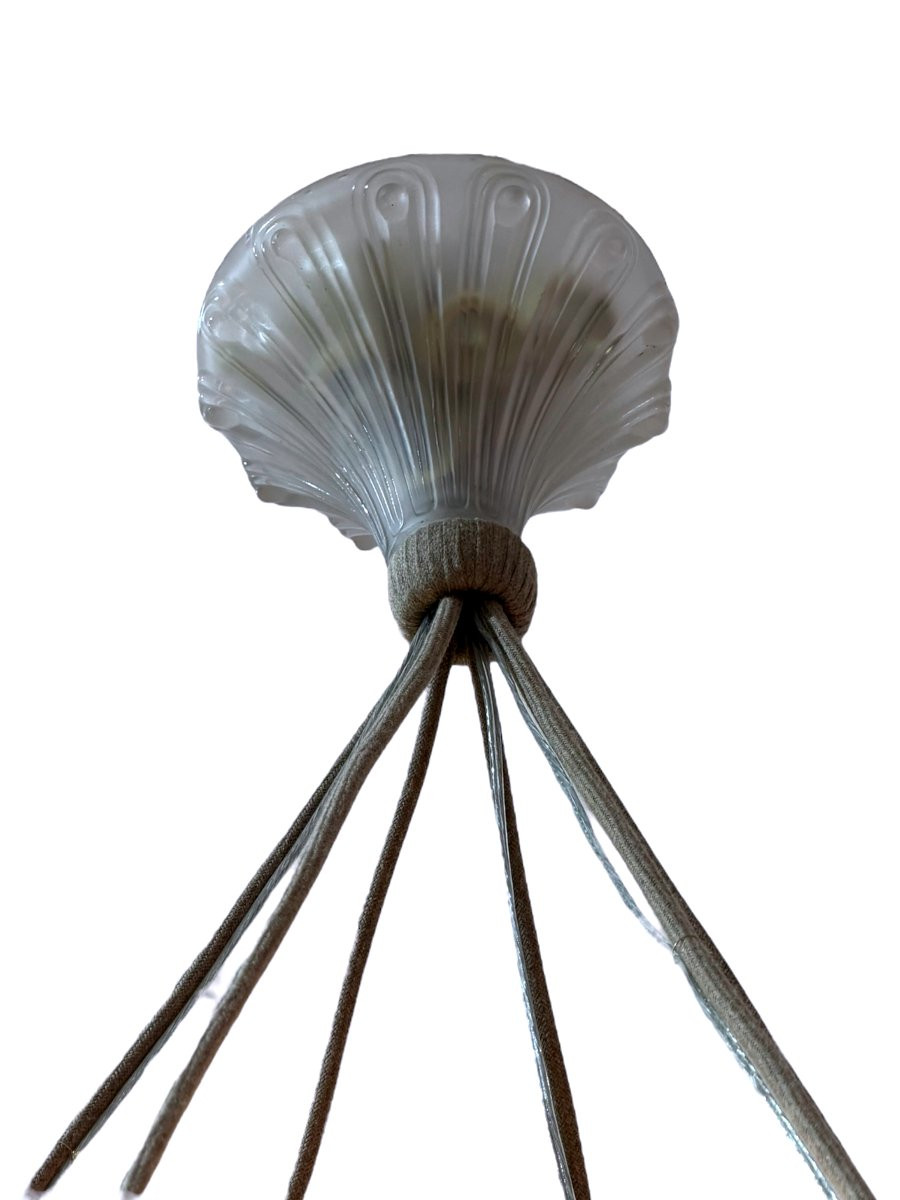 1921 René Lalique - Lustre Suspension Feuilles de Charme Verre Blanc-photo-4