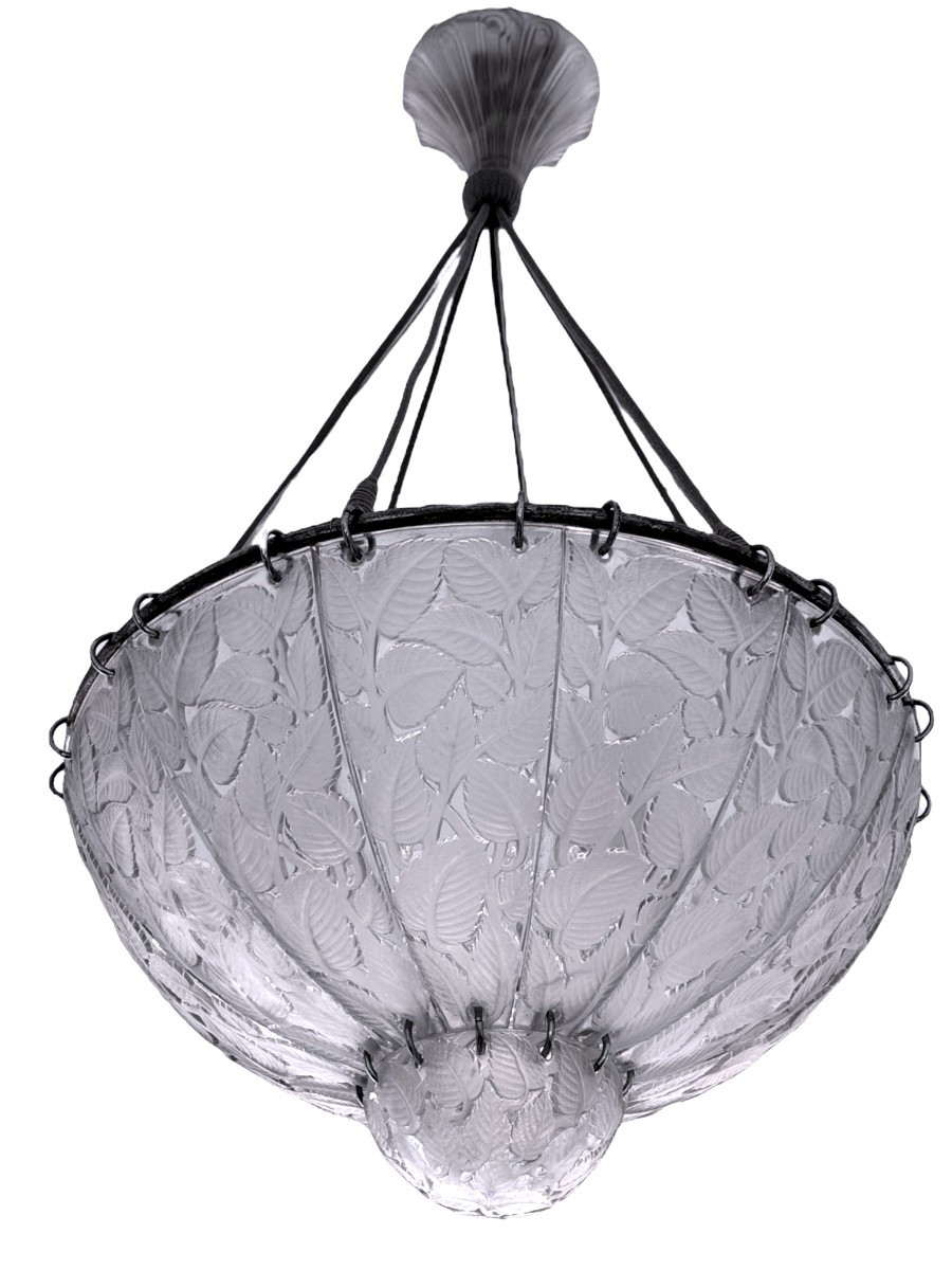 1921 René Lalique - Lustre Suspension Feuilles de Charme Verre Blanc