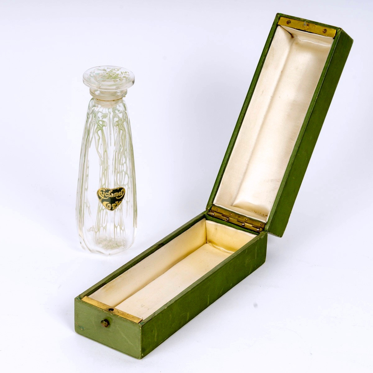 1909 René Lalique - Perfume Bottle Cyclamen Glass With Green Patina For Coty 