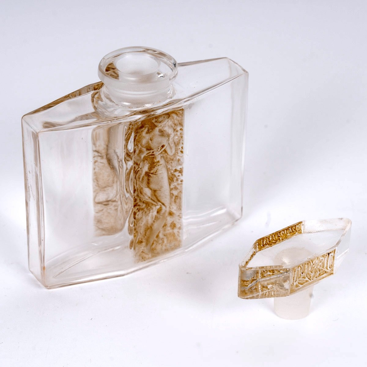 1937 René Lalique - Perfume Bottle Olimpic Glass With Sepia Patina For Hermanny -photo-3