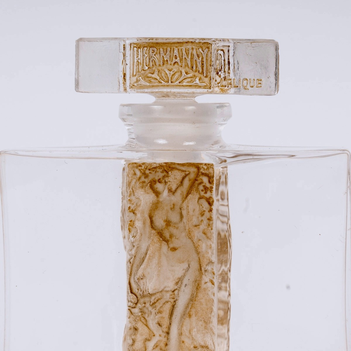 1937 René Lalique - Perfume Bottle Olimpic Glass With Sepia Patina For Hermanny -photo-4