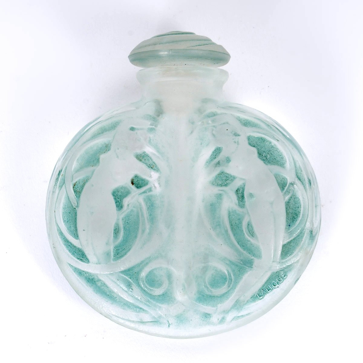 1912 René Lalique - Flacon Naïades Verre Blanc Patiné Vert-photo-2