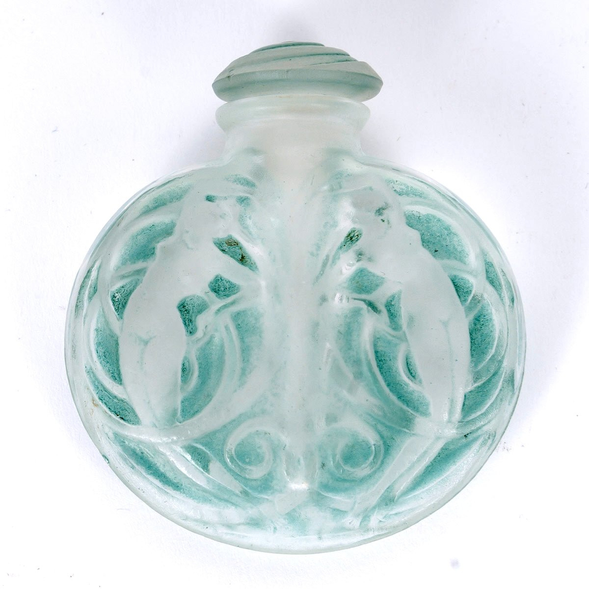 1912 René Lalique - Flacon Naïades Verre Blanc Patiné Vert-photo-3