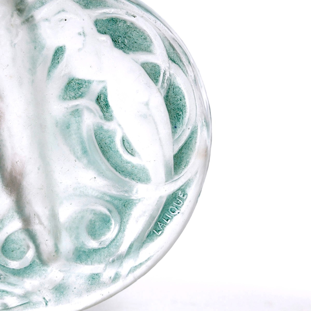 1912 René Lalique - Flacon Naïades Verre Blanc Patiné Vert-photo-1